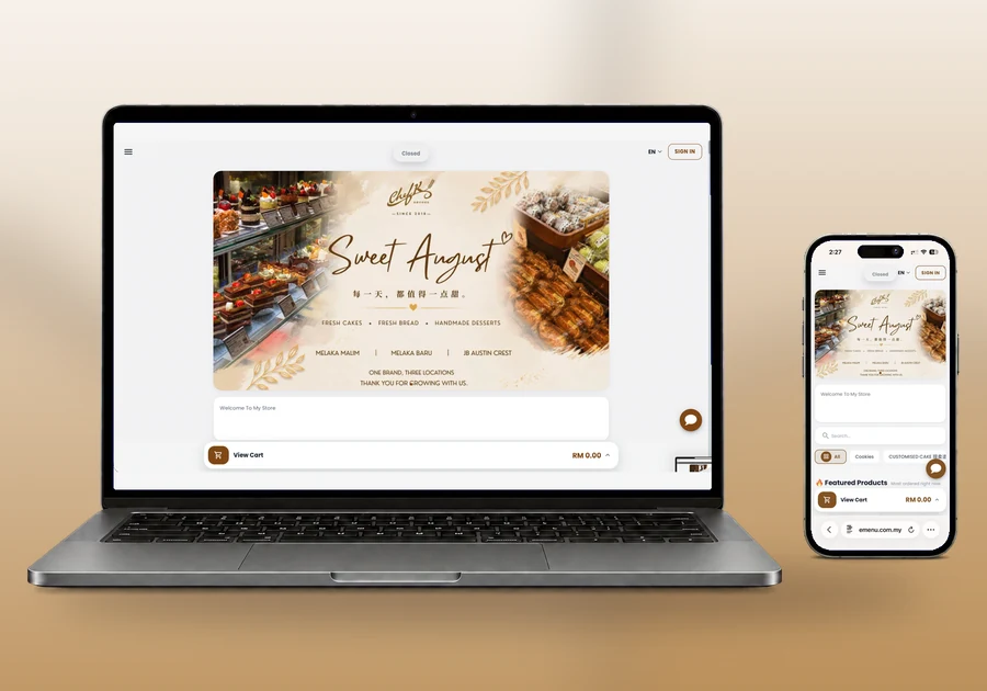 Chef K Pastry online store built with EMenu